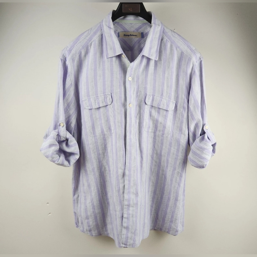 Tommy Bahama Shirt Mens XL Multicolor Roll Tab Sleeve Button Up Striped Linen